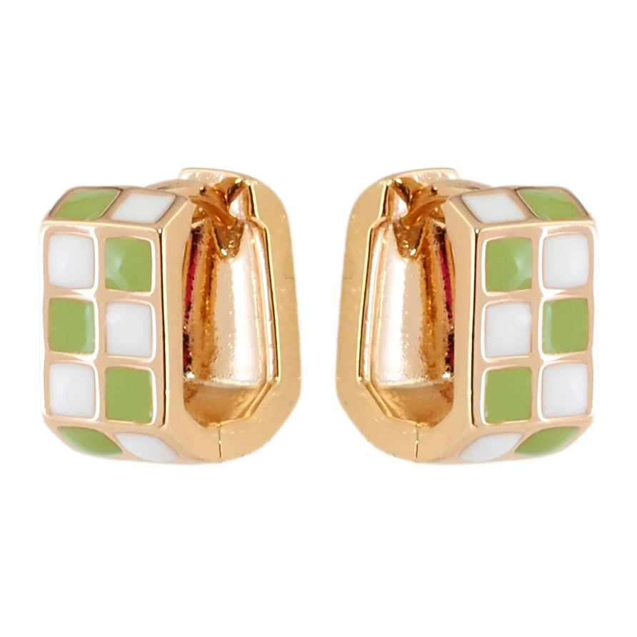 Сережки Xuping Позолота 18K колечка Шаховий візерунок біло-салатовою емаллю фото №1 Сережки Xuping Позолота 18K колечка Шаховий візерунок біло-салатовою емаллю фото №1