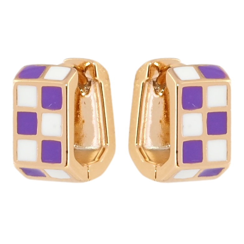 Серьги Xuping Позолота 18K колечки Шахматный узор бело-фиолетовой эмалью фото №1 Серьги Xuping Позолота 18K колечки Шахматный узор бело-фиолетовой эмалью фото №1