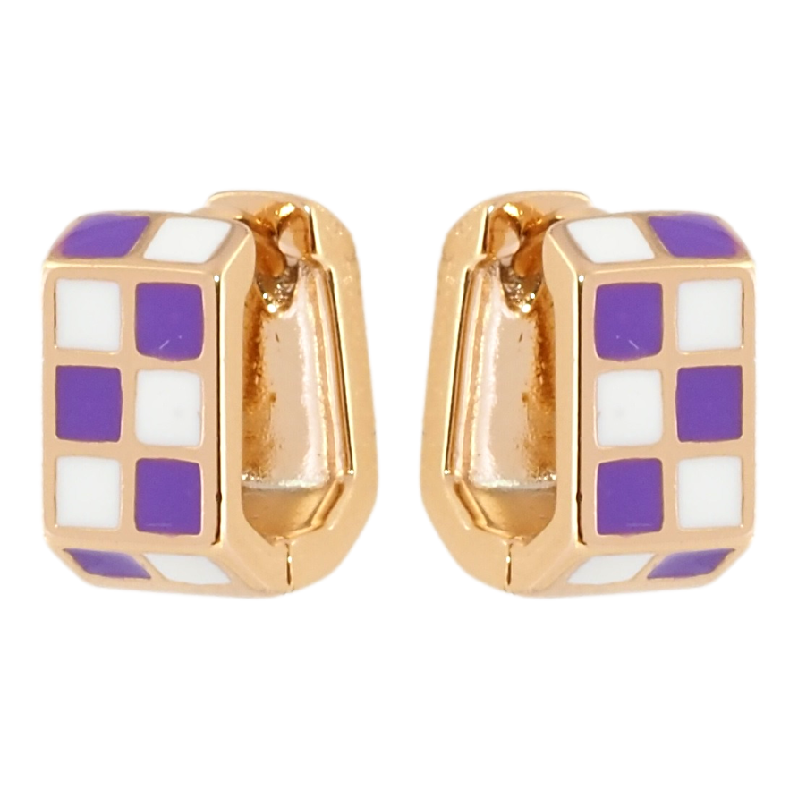 Серьги Xuping Позолота 18K колечки Шахматный узор бело-фиолетовой эмалью фото №1 Серьги Xuping Позолота 18K колечки Шахматный узор бело-фиолетовой эмалью фото №1