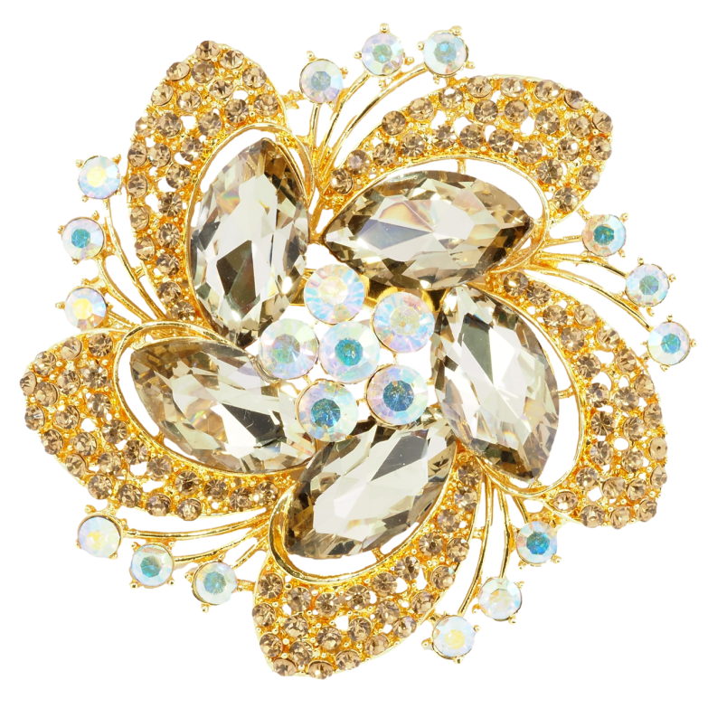 Брошка Велика квітка з золотистими стразами фото №1 Брошка Велика квітка з золотистими стразами фото №1