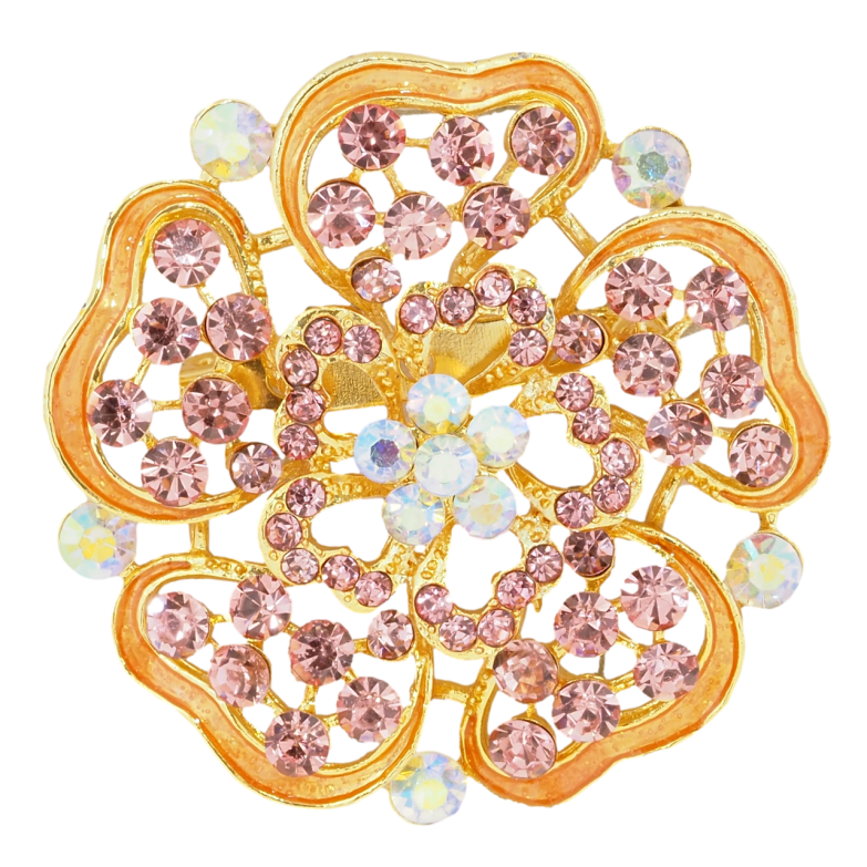 Брошка Квітка з рожевими стразами та помаранчевою емаллю фото №1