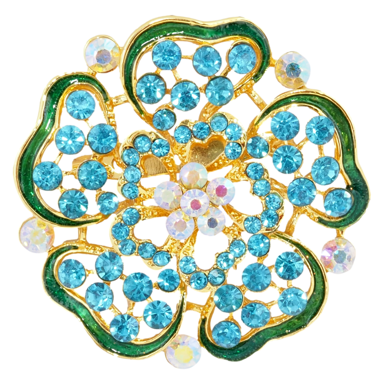 Брошка Квітка з бірюзовими стразами та зеленою емаллю фото №1