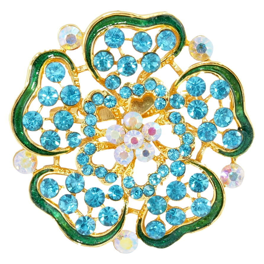 Брошь Цветок с бирюзовыми стразами и зеленой эмалью фото №1 Брошь Цветок с бирюзовыми стразами и зеленой эмалью фото №1