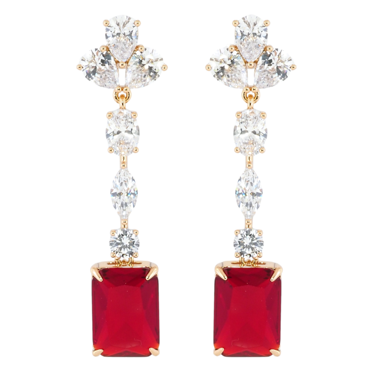 Сережки Xuping Позолота 18K пусети Кришталеві підвіски з червоними фіанітами фото №3