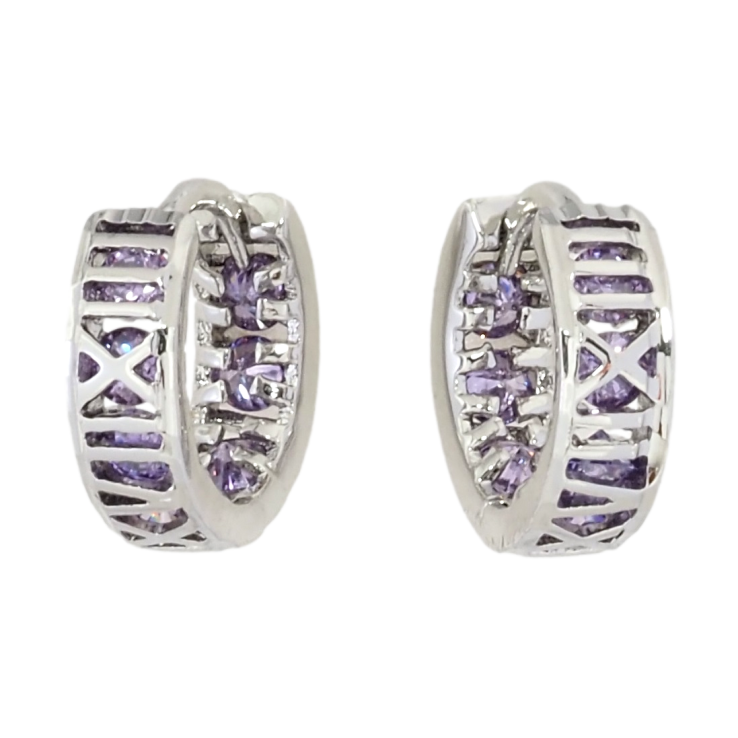 Серьги Xuping M&L Цвет Родий колечки Римские цифры с сиреневыми кристаллами фото №19