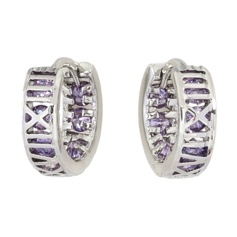 Сережки Xuping M&L Колір Родій колечка Римські цифри з бузковими кристалами фото №1 Сережки Xuping M&L Колір Родій колечка Римські цифри з бузковими кристалами фото №1