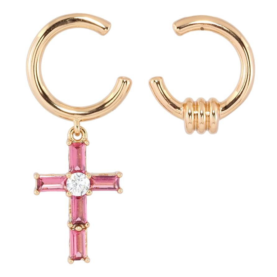 Сережки Xuping Позолота 18K пусети Асиметричні підвіски з рожевим кришталевим хрестиком фото №1 Сережки Xuping Позолота 18K пусети Асиметричні підвіски з рожевим кришталевим хрестиком фото №1