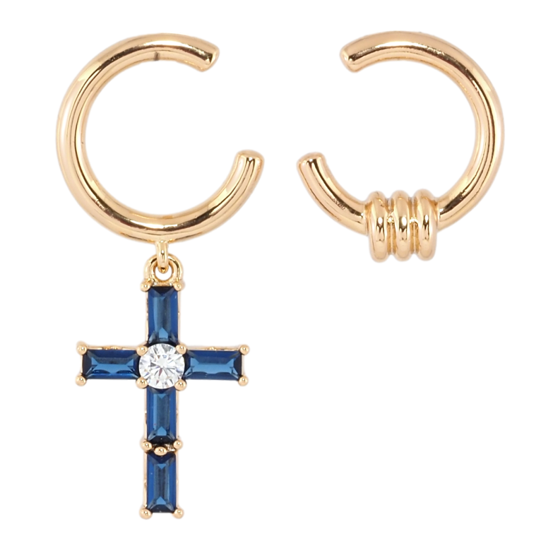 Сережки Xuping Позолота 18K пусети Асиметричні підвіски з синім кришталевим хрестиком фото №1