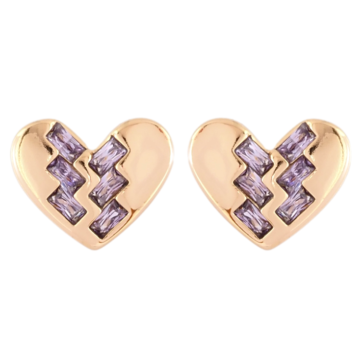 Сережки Xuping Позолота 18K пусети Сердечка з візерунком бузковими фіанітами фото №2