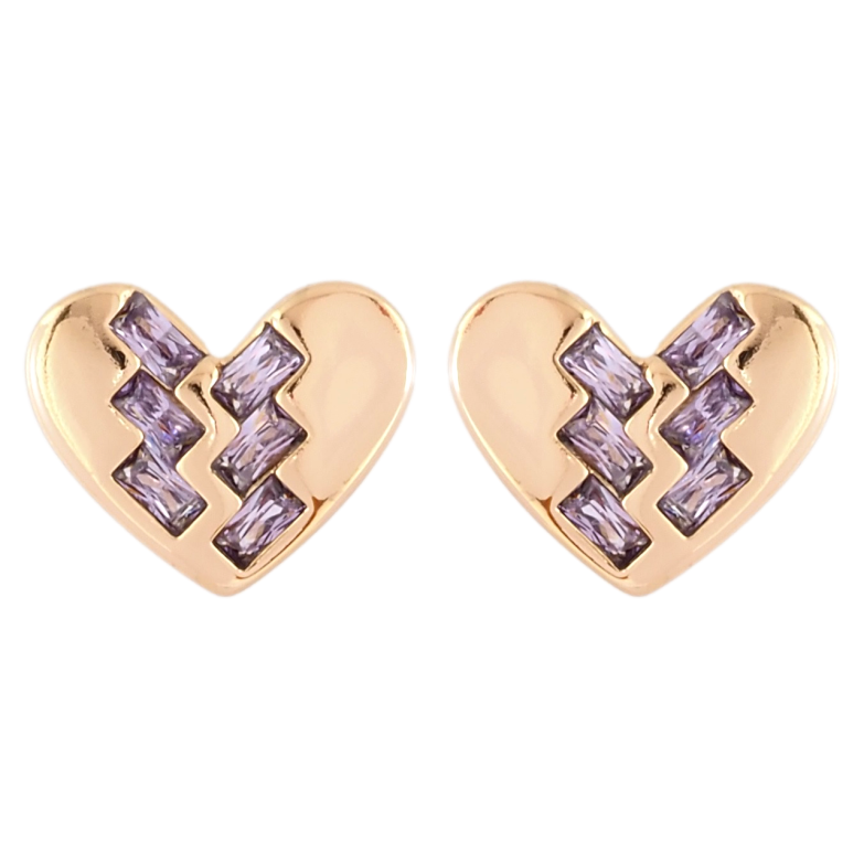 Сережки Xuping Позолота 18K пусети Сердечка з візерунком бузковими фіанітами фото №1 Сережки Xuping Позолота 18K пусети Сердечка з візерунком бузковими фіанітами фото №1