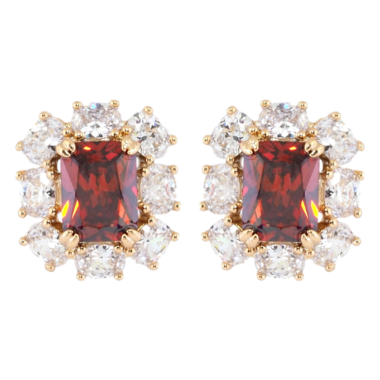 Сережки Xuping Позолота 18K пусети Червоні фіаніти в обрамленні цирконію фото №1 Сережки Xuping Позолота 18K пусети Червоні фіаніти в обрамленні цирконію фото №1