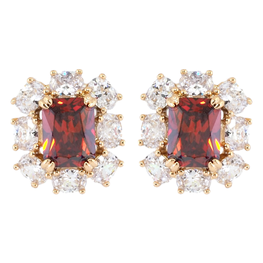 Серьги Xuping Позолота 18K пусеты Красные фианиты в обрамлении циркония фото №1 Серьги Xuping Позолота 18K пусеты Красные фианиты в обрамлении циркония фото №1