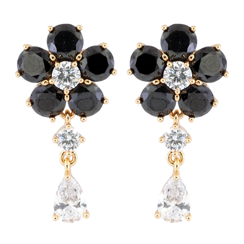 Серьги Xuping Позолота 18K пусеты Черные кристальные цветочки фото №1