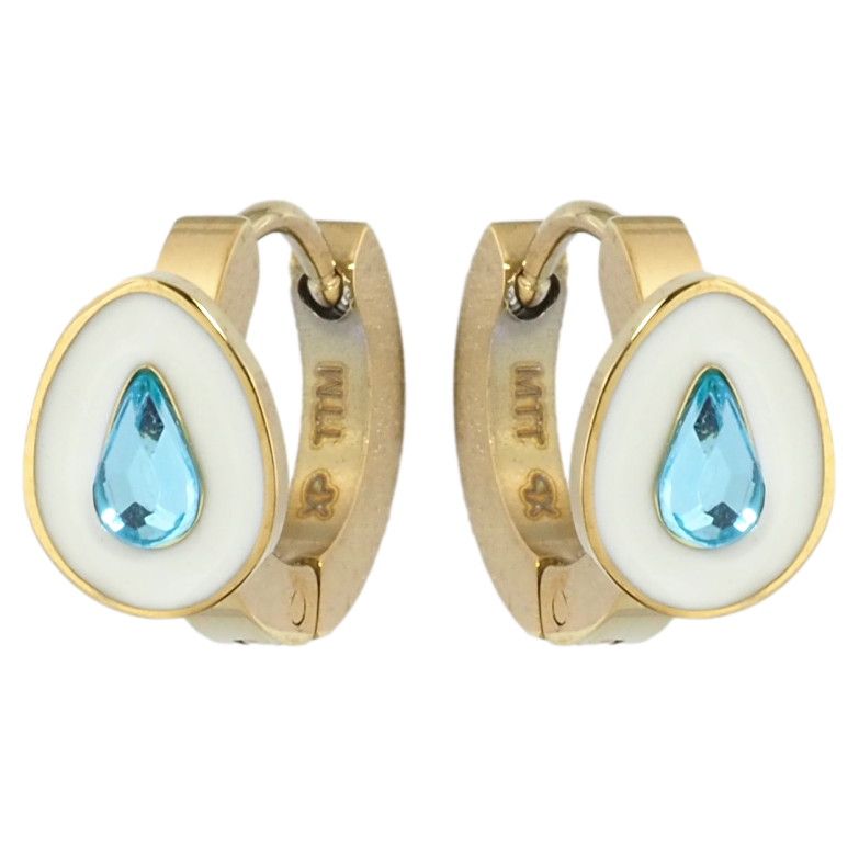 Серьги Xuping TTM Stainless Steel цвет 14K колечки Капельки с голубыми кристаллами и белой эмалью фото №1 Серьги Xuping TTM Stainless Steel цвет 14K колечки Капельки с голубыми кристаллами и белой эмалью фото №1