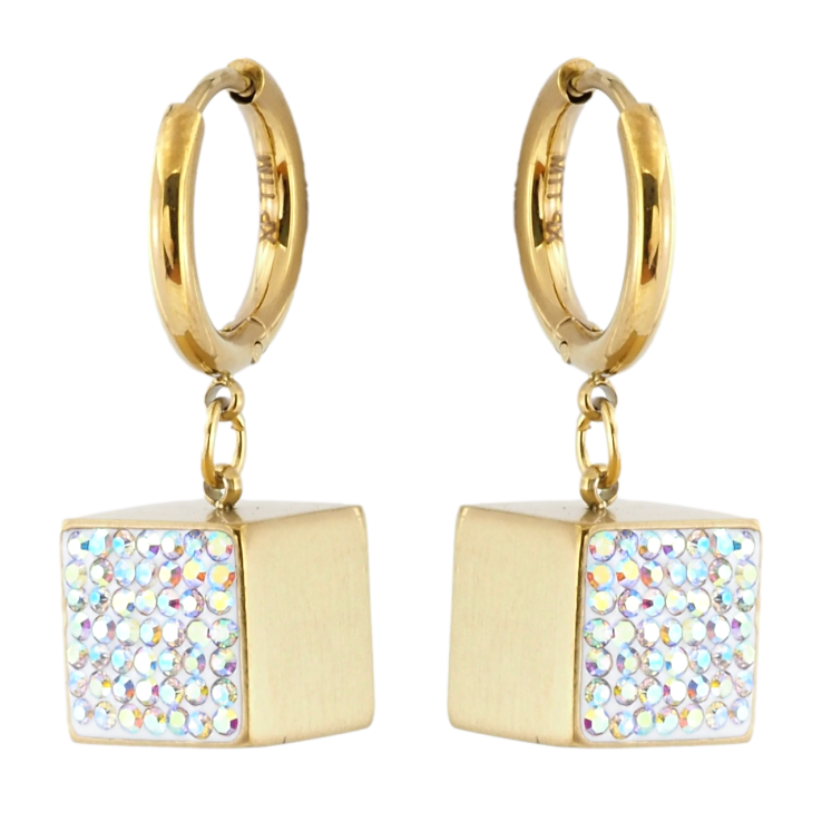 Серьги Xuping TTM Stainless Steel цвет 14K подвески на колечках Кубики с радужным цирконием 10х10мм фото №11