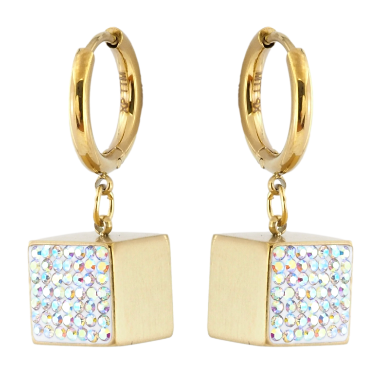 Серьги Xuping TTM Stainless Steel цвет 14K подвески на колечках Кубики с радужным цирконием 10х10мм фото №1