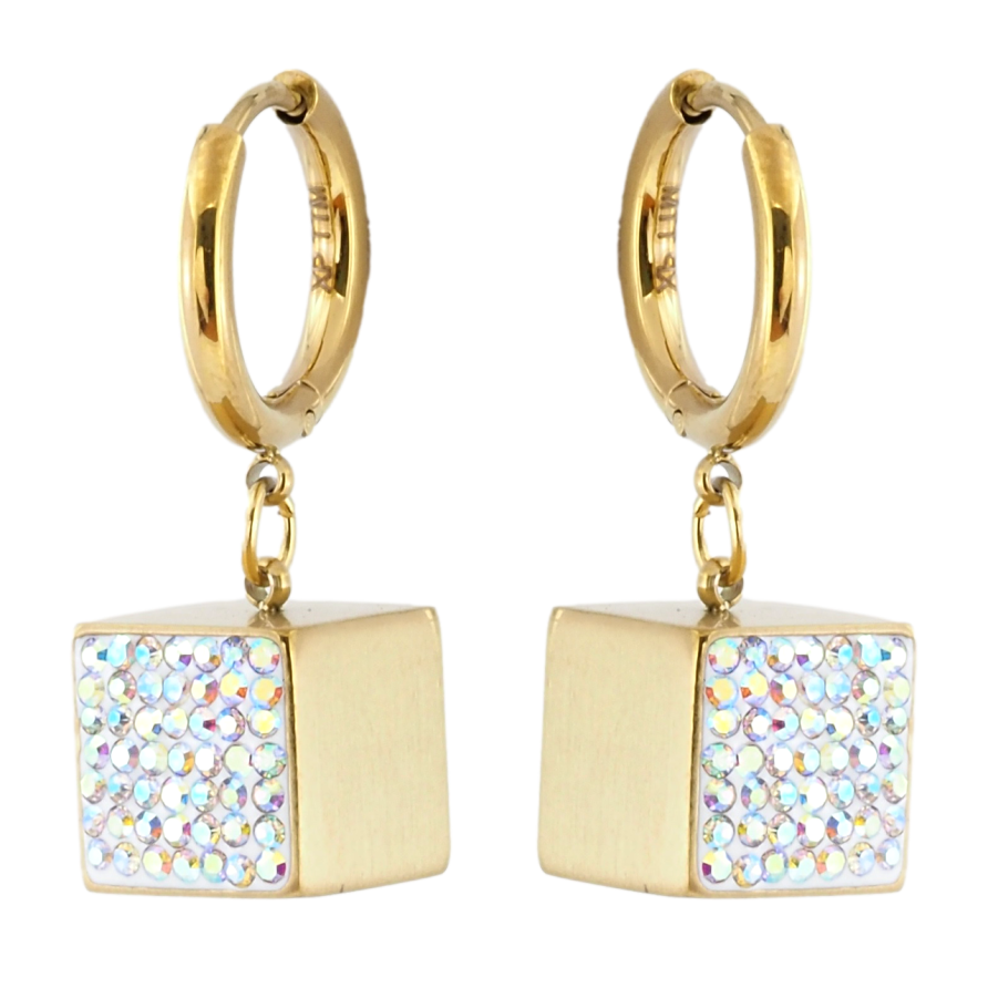 Серьги Xuping TTM Stainless Steel цвет 14K подвески на колечках Кубики с радужным цирконием 10х10мм фото №1