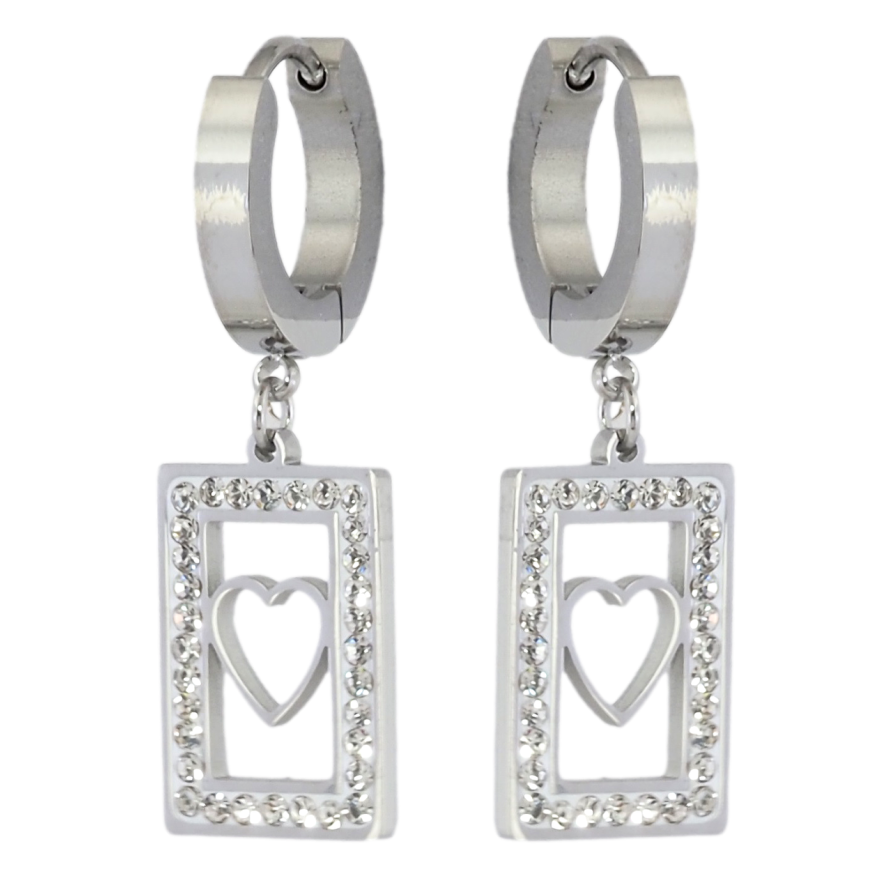 Серьги Xuping TTM Stainless Steel цвет Родий подвески на колечках Прямоугольники с сердечками и цирконием фото №1
