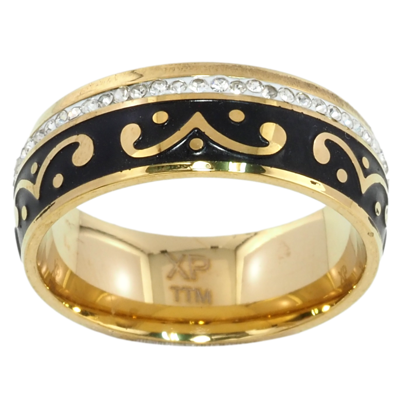 Каблучка Xuping TTM Stainless Steel Колір 14К Візерунок чорною емаллю з доріжкою цирконію, ш.7.5мм фото №1