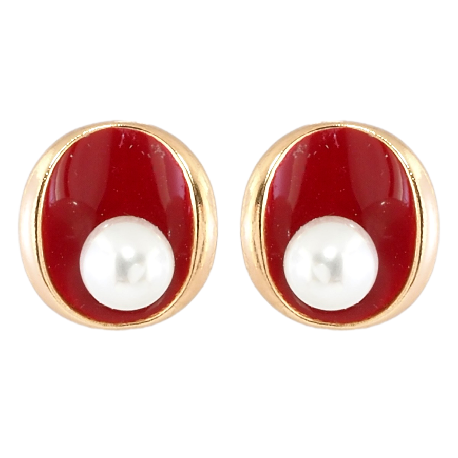 Серьги Xuping Позолота 18K пусеты Овалы с красной эмалью и жемчужинами фото №1 Серьги Xuping Позолота 18K пусеты Овалы с красной эмалью и жемчужинами фото №1