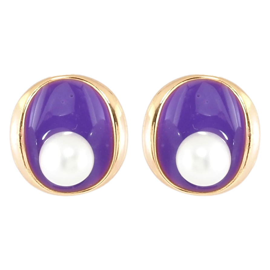 Серьги Xuping Позолота 18K пусеты Овалы с фиолетовой эмалью и жемчужинами фото №1 Серьги Xuping Позолота 18K пусеты Овалы с фиолетовой эмалью и жемчужинами фото №1