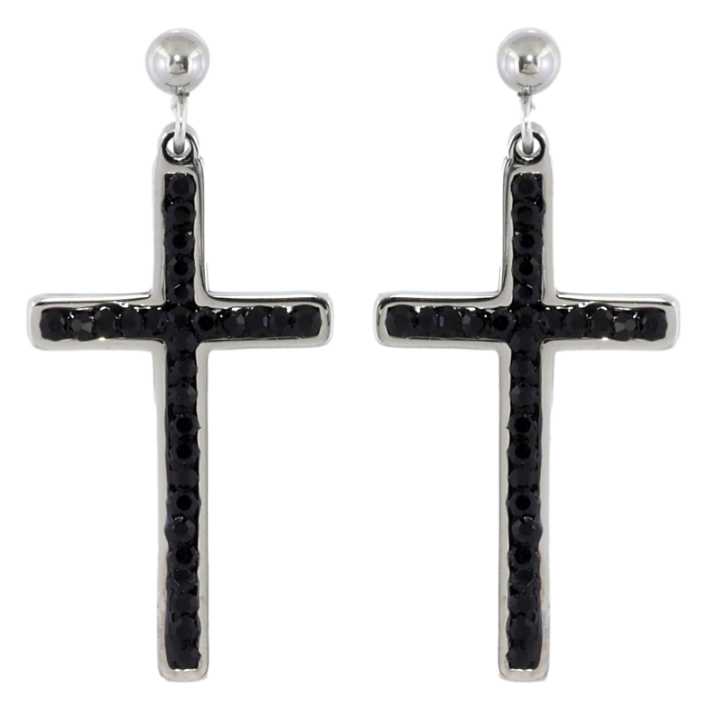 Сережки Xuping TTM Stainless Steel колір Родій пусети «Хрестики з чорними кристалами» фото №1