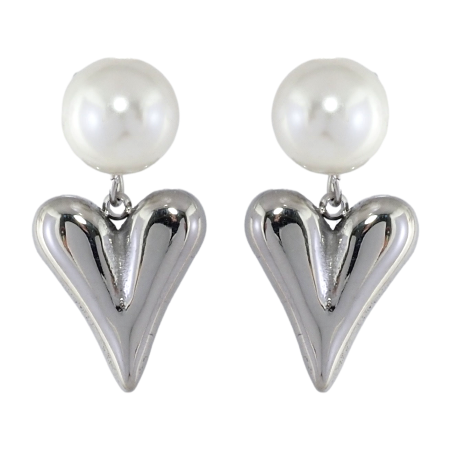 Сережки Xuping TTM Stainless Steel колір Родій пусети «Сердечка з перлинними намистинами» фото №1