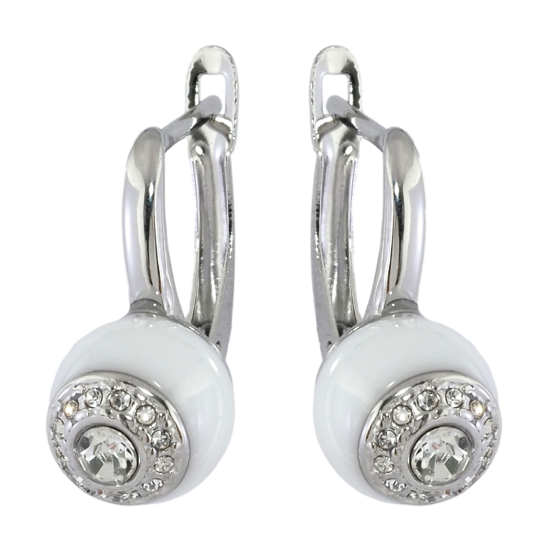 Сережки Xuping TTM Stainless Steel колір Родій англійський замок «Візерунок з білою керамікою та цирконієм» фото №1