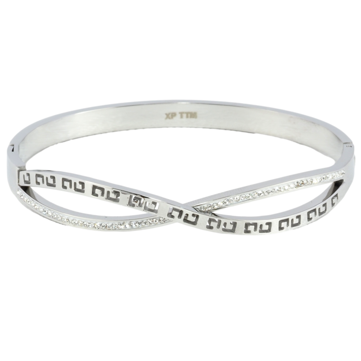 Браслет Xuping ТТМ Stainless Steel цвет Родий Резной узор с дорожкой циркония ø 6см фото №2 Браслет Xuping ТТМ Stainless Steel цвет Родий Резной узор с дорожкой циркония ø 6см фото №2