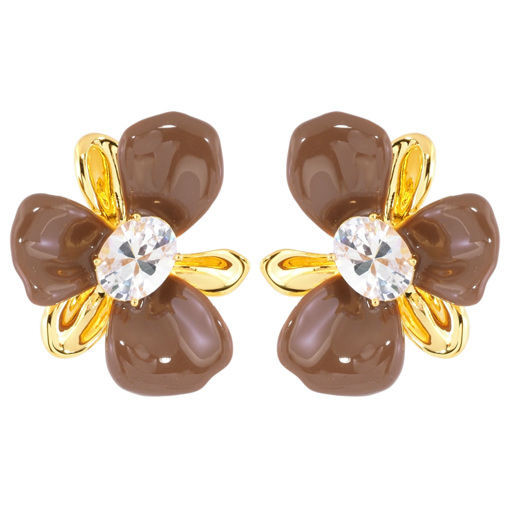 Сережки Xuping JEAN GOUJON Позолота 14K пусети «Квіточки з коричневою емаллю та фіанітами» фото №17