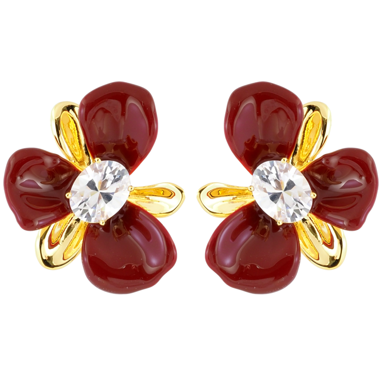 Сережки Xuping JEAN GOUJON Позолота 14K пусети «Квіточки з бордовою емаллю та фіанітами» фото №1