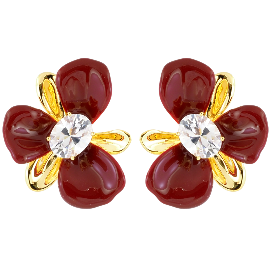 Сережки Xuping JEAN GOUJON Позолота 14K пусети «Квіточки з бордовою емаллю та фіанітами» фото №1