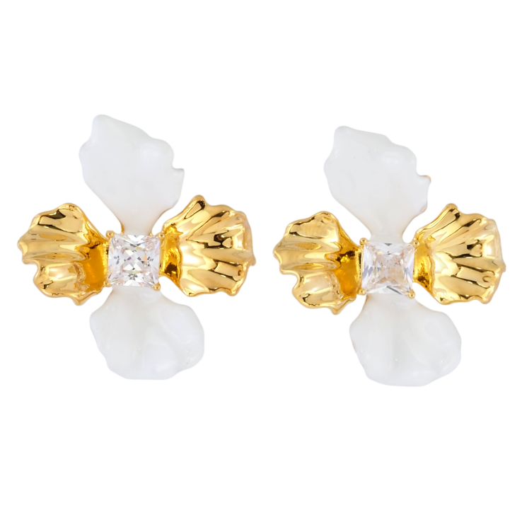 Сережки Xuping JEAN GOUJON Позолота 14K пусети «Квіточки з білою емаллю та фіанітами» фото №2