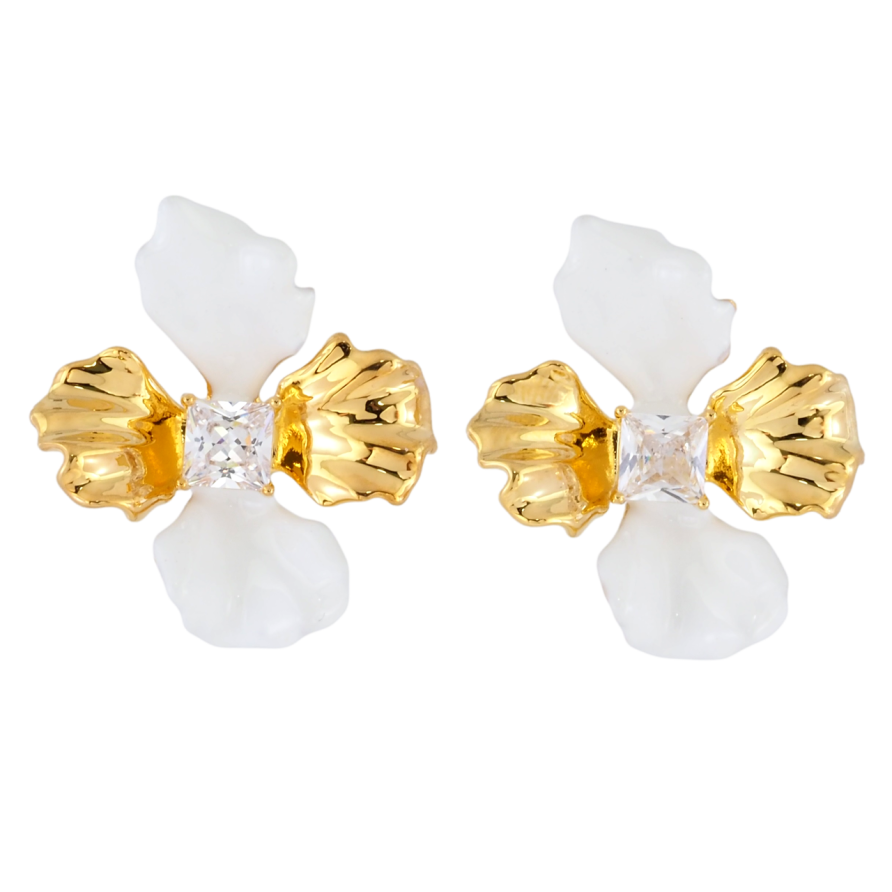 Сережки Xuping JEAN GOUJON Позолота 14K пусети «Квіточки з білою емаллю та фіанітами» фото №1 Сережки Xuping JEAN GOUJON Позолота 14K пусети «Квіточки з білою емаллю та фіанітами» фото №1