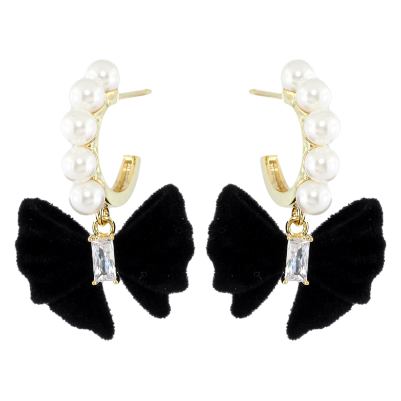 Сережки Xuping JEAN GOUJON Позолота 14K пусети «Чорні оксамитові банти з цирконієм і перлинами» фото №1