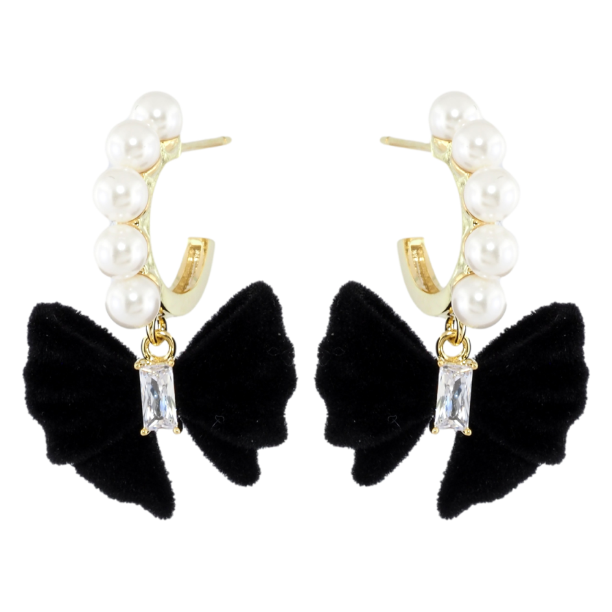 Сережки Xuping JEAN GOUJON Позолота 14K пусети «Чорні оксамитові банти з цирконієм і перлинами» фото №1