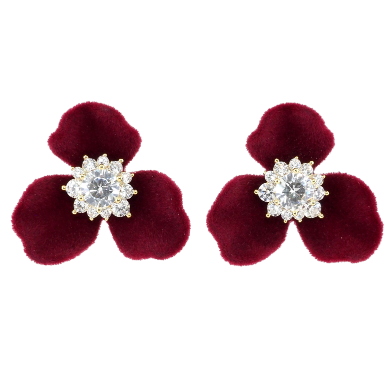 Серьги Xuping JEAN GOUJON Позолота 14K пусеты Бордовые бархатные цветочки фото №1 Серьги Xuping JEAN GOUJON Позолота 14K пусеты Бордовые бархатные цветочки фото №1