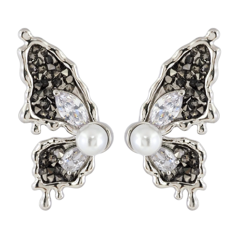 Серьги Xuping JEAN GOUJON Родий пусеты Бабочки с черно-белыми кристаллами и жемчужинами фото №3