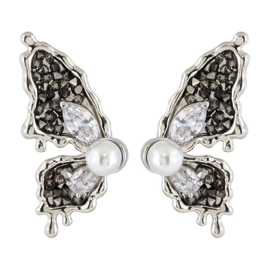 Сережки Xuping JEAN GOUJON Родій пусети «Метелики з чорно-білими кристалами та перлинами» фото №1