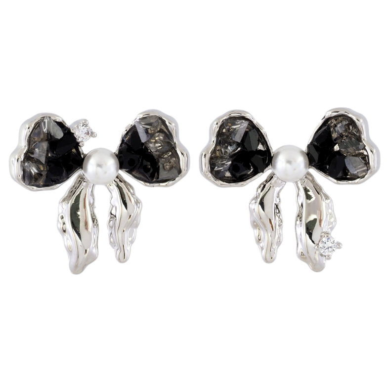 Сережки Xuping JEAN GOUJON Родій пусети «Асиметричні банти з чорними кристалами та перлинами» фото №7