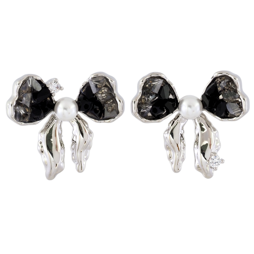 Сережки Xuping JEAN GOUJON Родій пусети «Асиметричні банти з чорними кристалами та перлинами» фото №1