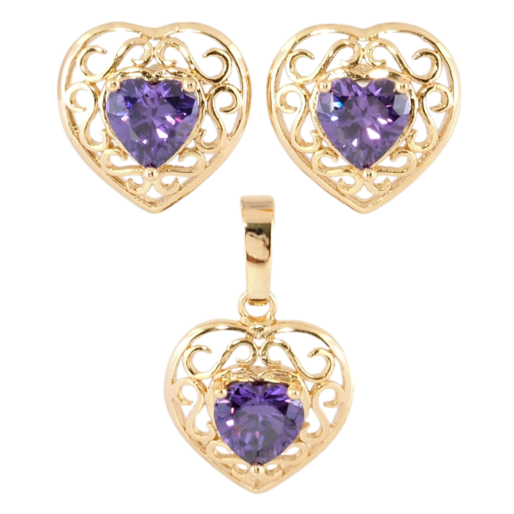 Набор Xuping Позолота 18K Серьги Кулон Ажурные сердечки сиреневыми фианитами фото №2 Набор Xuping Позолота 18K Серьги Кулон Ажурные сердечки сиреневыми фианитами фото №2