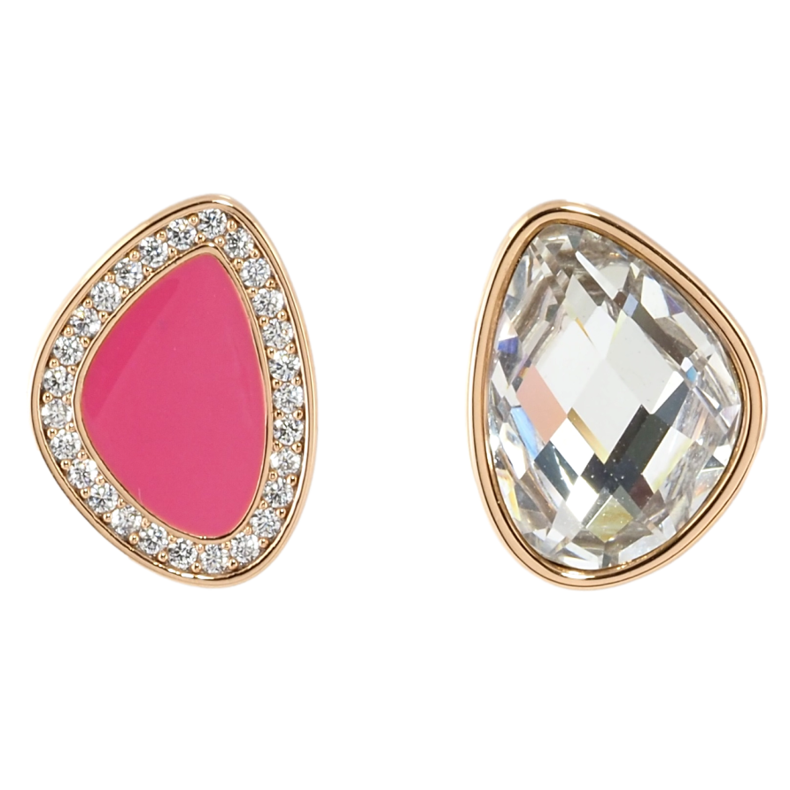 Серьги Xuping Позолота 18K пусеты Ассиметричные с цирконием и розовой эмалью фото №1