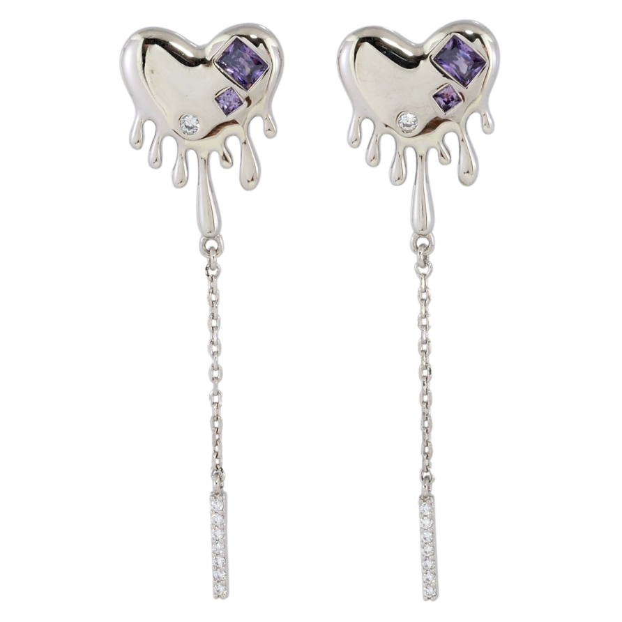 Серьги Xuping Родий пусеты Сердечки с сиреневыми фианитами на одну сторону фото №1