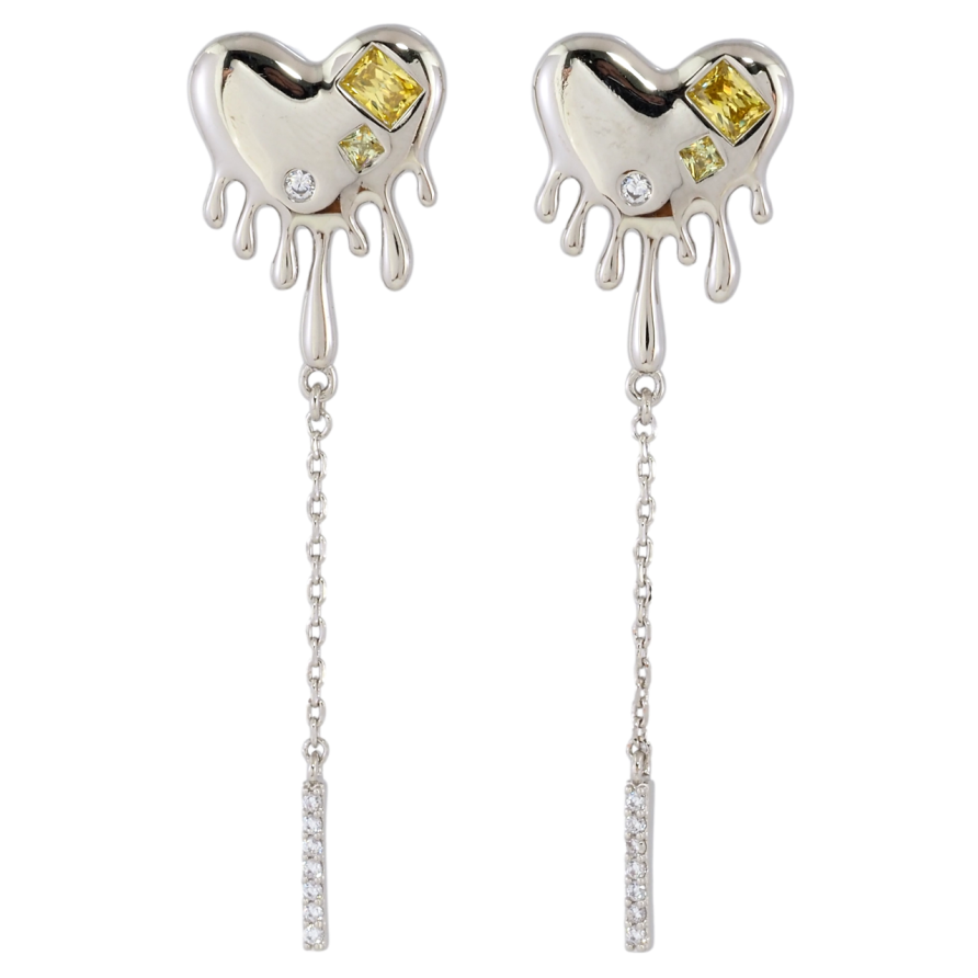 Серьги Xuping Родий пусеты Сердечки с желтыми фианитами на одну сторону фото №1