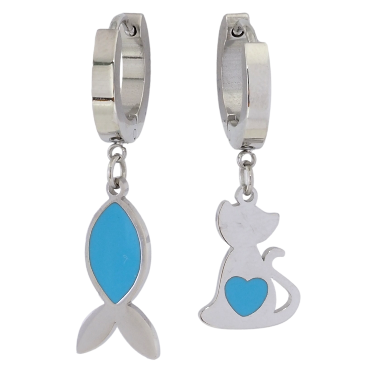Серьги Xuping TTM Stainless Steel цвет Родий подвески на колечках Ассиметричные рыбка с котиком фото №3
