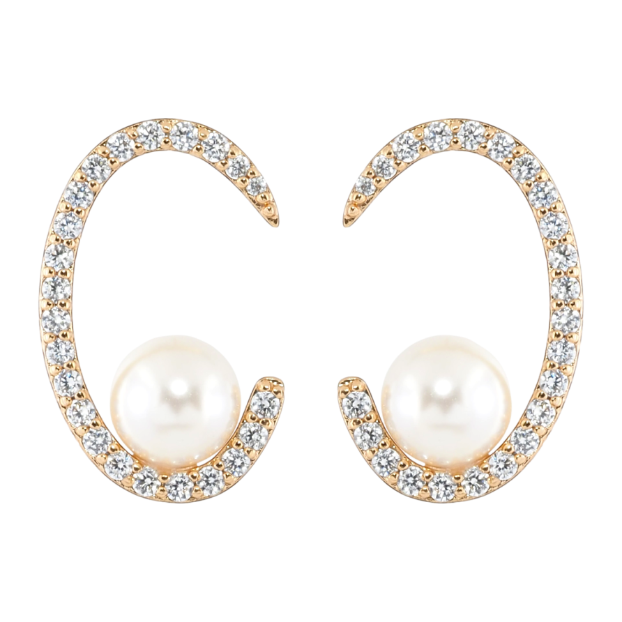 Серьги Xuping Позолота 18K пусеты Овалы с цирконием и жемчугом фото №1 Серьги Xuping Позолота 18K пусеты Овалы с цирконием и жемчугом фото №1