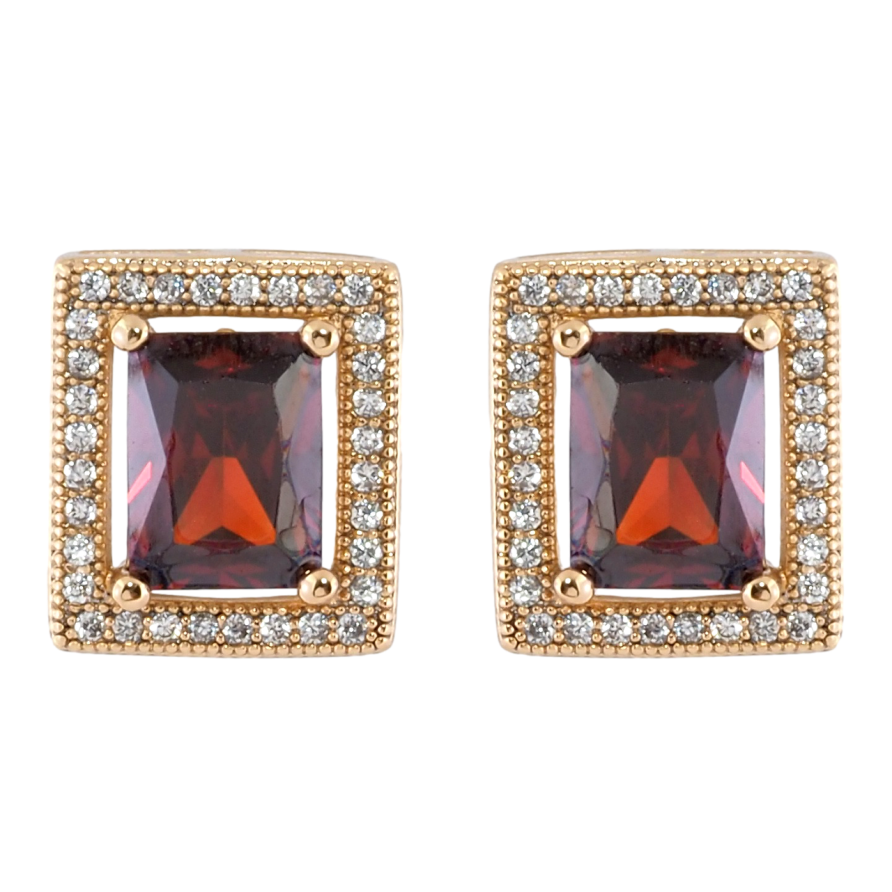 Серьги Xuping Позолота 18K пусеты Красные фианиты в обрамлении циркония 11х13мм фото №1 Серьги Xuping Позолота 18K пусеты Красные фианиты в обрамлении циркония 11х13мм фото №1