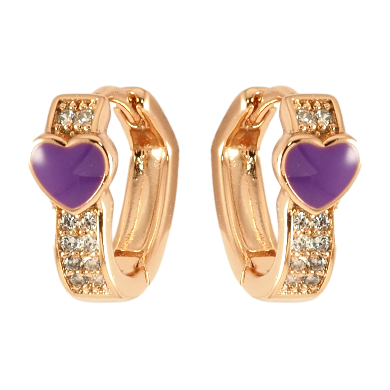 Серьги Xuping Позолота 18K колечки Инкрустация цирконием и сердечко с сиреневой эмалью фото №1