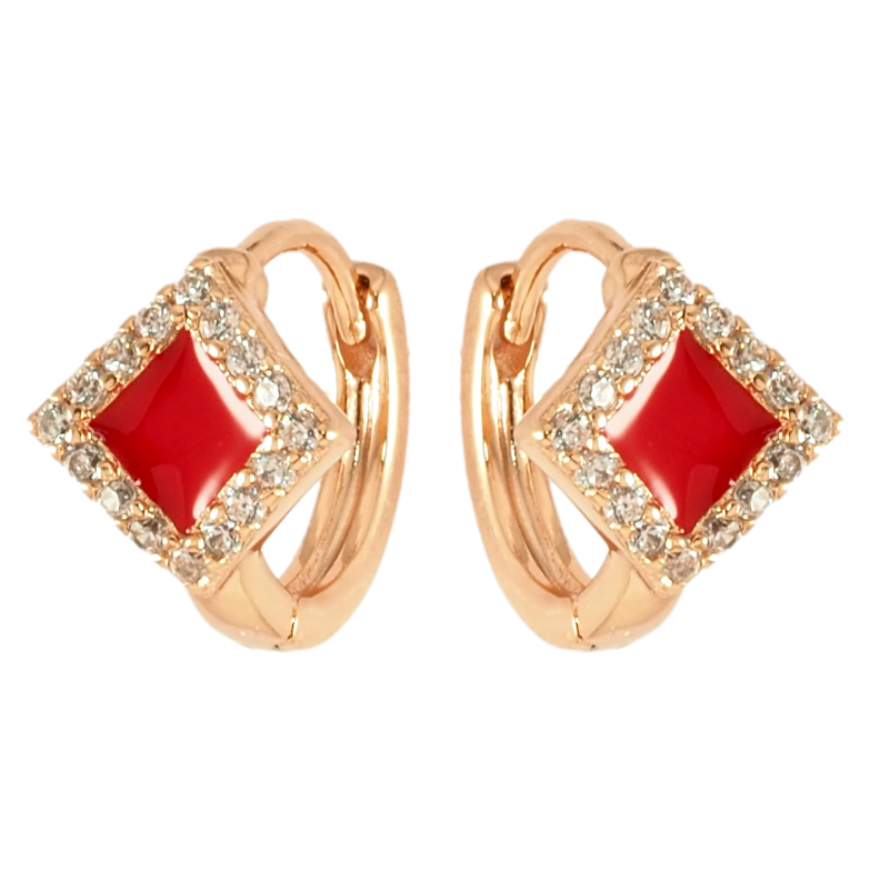 Сережки Xuping Позолота 18K колечка Ромбовий візерунок з червоною емаллю і цирконієм фото №3